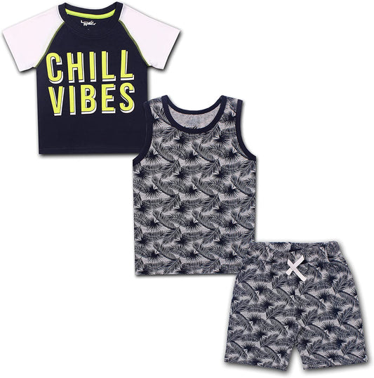 Little Rebels Boy's 3-Pack Chill Vibes Tee, Sleeveless Shirt and Short Set, Navy, Size 2T