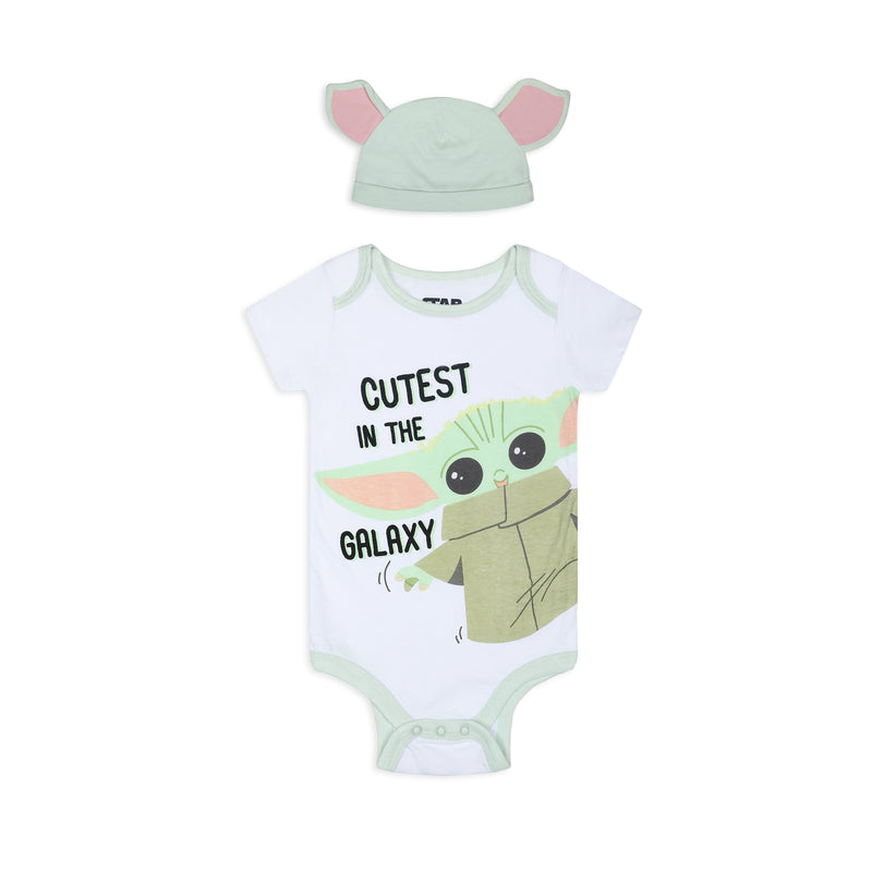 Star Wars The Mandalorian Baby Yoda Boys’ Short Sleeve Bodysuit and Cap Set for Newborn and Infant – White/Green