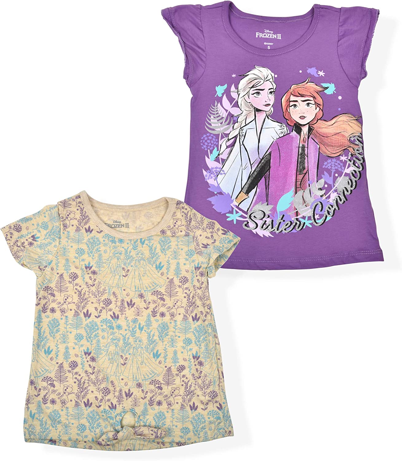 Disney Frozen Girls’ Elsa and Anna 2 Pack T-Shirt for Little Kids – Purple/Beige