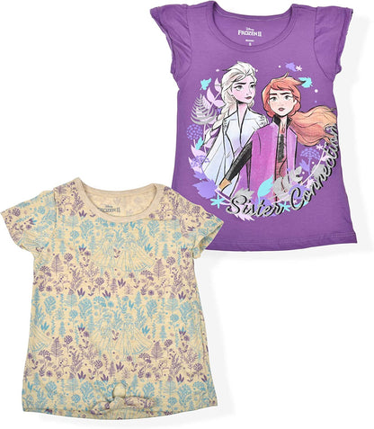 Disney Frozen Girls’ Elsa and Anna 2 Pack T-Shirt for Little Kids – Purple/Beige