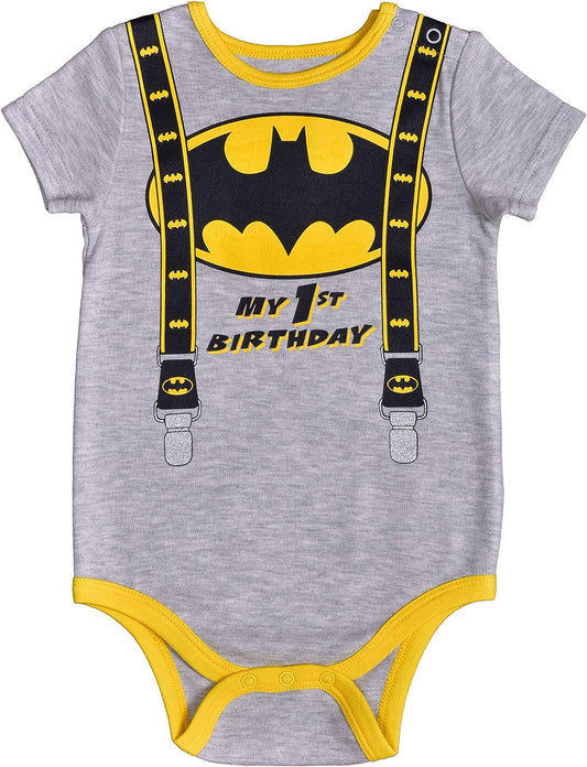 BATMAN DC Comics Boys First Birthday Short Sleeve Bodysuit Creeper for Infants ? Grey