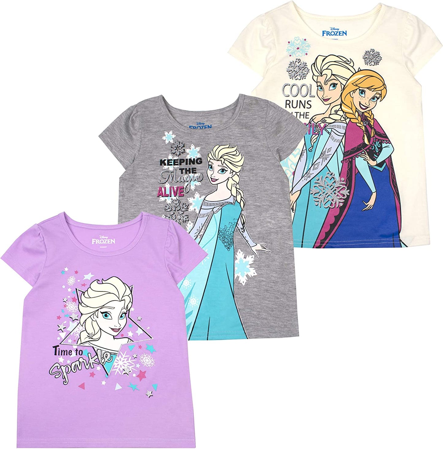 Disney Frozen Girls 3 Pack T-Shirts for Toddler, Little and Big Girls - Purple/Grey/White