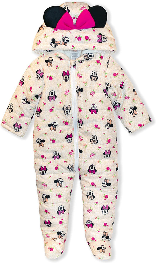 Disney Baby Girls’ Minnie Mouse Hooded Long Sleeve Romper for Infant – Beige