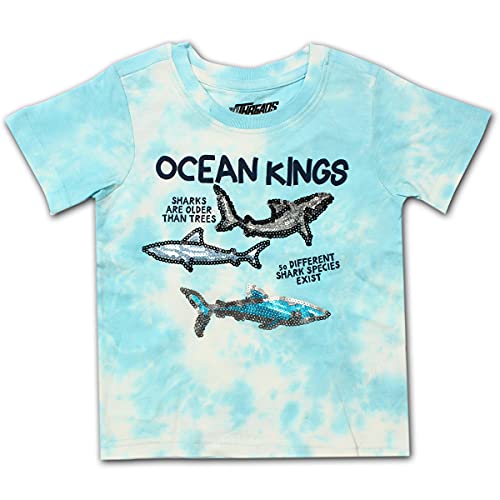 10 Threads Boy's Short Sleeve Crewneck Tee Shirt, Ocean King Shark Print, Blue Tie Dye