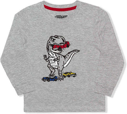 10THREADS Boys’ Dinosaur Long Sleeve Shirt for Toddler and Little Kids – Black or Grey or White