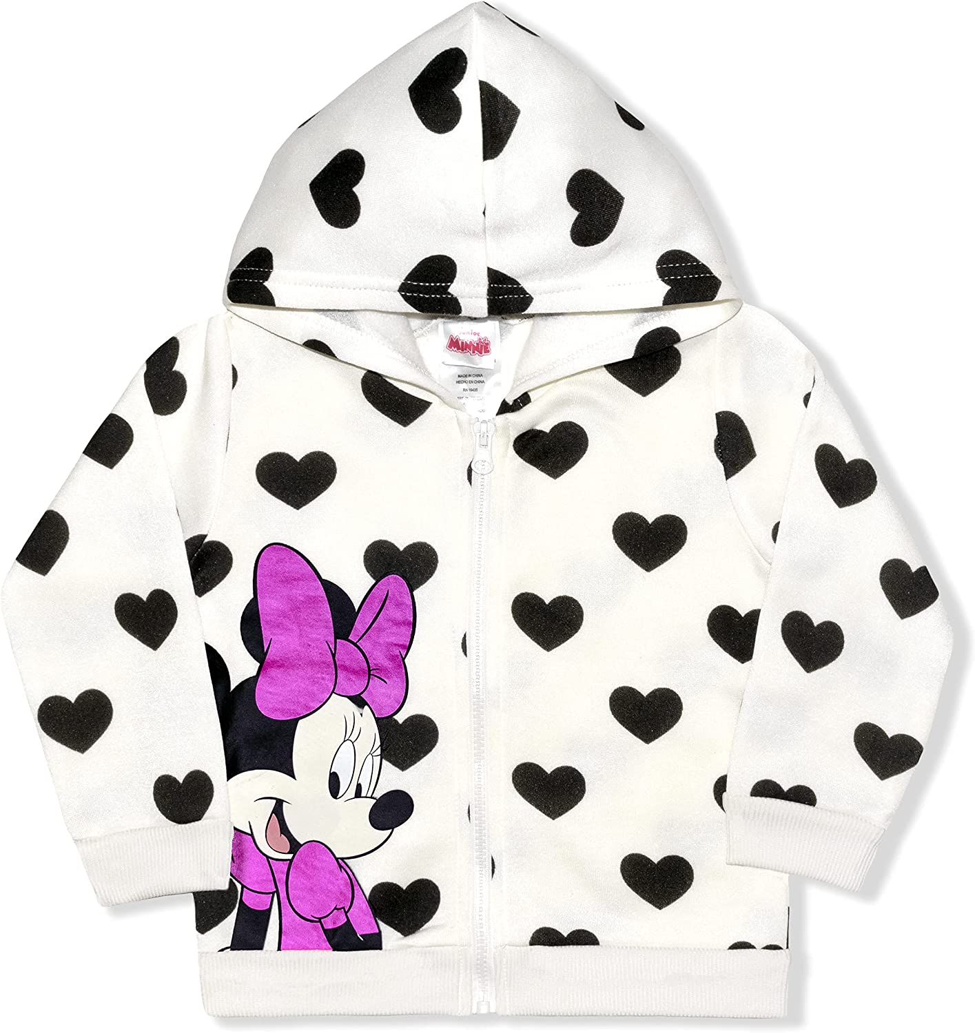 Disney Minnie Mouse Girls’ Zip Up Hooded Sweatshirt for Toddler and Little Kids – White