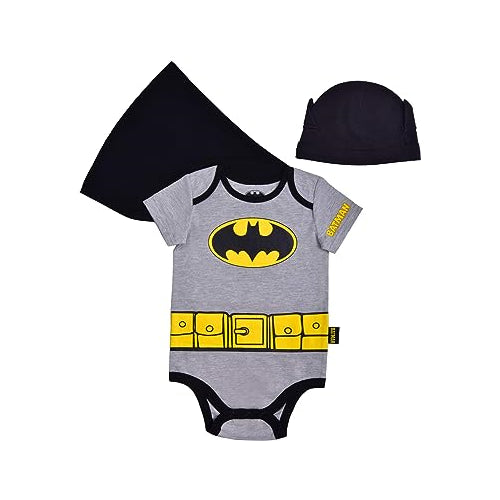 BATMAN Boys? Bodysuit With Cape and Hat Set for Newborn and Infant ? Grey/Black