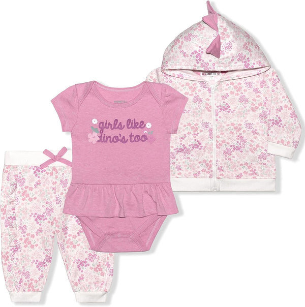 Nannette 3 Pack Baby?s Onesie, Dino Hooded Jacket and Jogger Pants Set for Girls