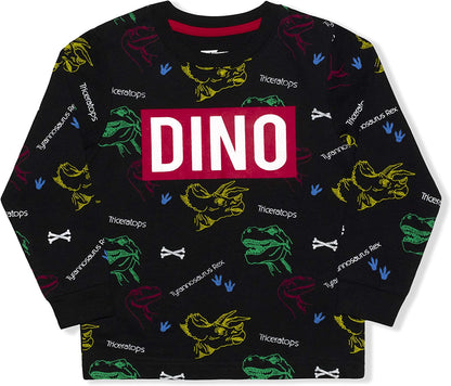 10THREADS Boys’ Dinosaur Long Sleeve Shirt for Toddler and Little Kids – Black or Grey or White