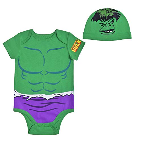 Marvel Boys’ Hulk Costume Bodysuit and Hat Set for Newborn and Infant – Green