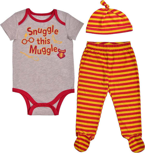 WARNER BROS Harry Potter Boy's 3-Piece Snuggle This Muggle Footed Pant Set, Maroon/Beige/Yellow, Size NB