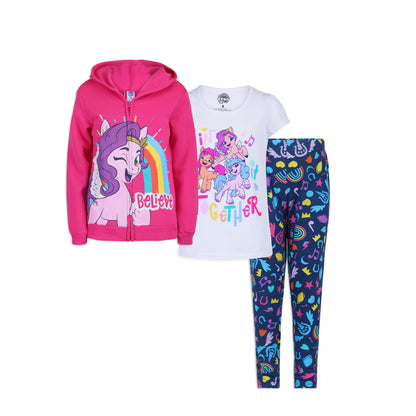 Hasbro My Little Pony Girls’ Zip Up Hoodie, Short Sleeve Tee and Legging Pants Set for Little and Big Kids – Pink/White/Blue