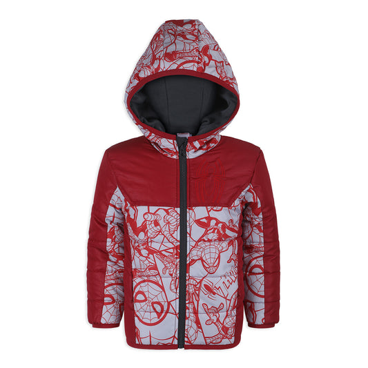 Marvel Spiderman Boys Zip Up Hooded Puffer Jacket Winter Coat for Little Kids – Red/White