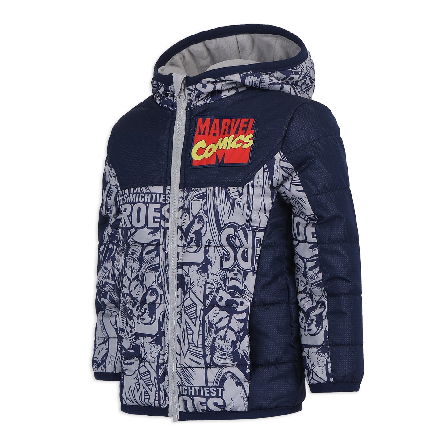 Marvel Avengers Boys Zip Up Hooded Puffer Jacket Winter Coat for Little Kids – Navy/White