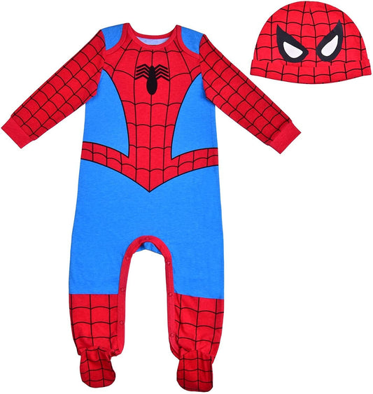 Marvel Spiderman Boys’ Long Sleeve Romper and Hat Set for Newborn and Infant – Blue/Red