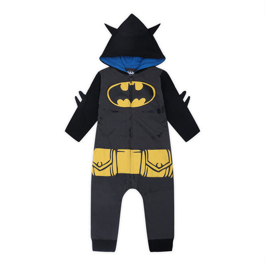 DC Comics Superman or Batman Boys’ Zip Up Hooded Long Sleeve Romper for Newborn, Infant and Toddler – Blue or Black