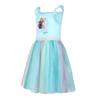 Disney Frozen Elsa and Anna Girls’ Sleeveless Dress Tutu and 4 Ponytail Hair Ties for Little Kids - Blue