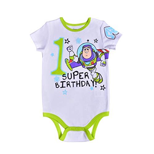 Disney Toy Story Buzz Lightyear or Woody Boys’ 1st Birthday Bodysuit for Newborn and Infant – White/Green/Red