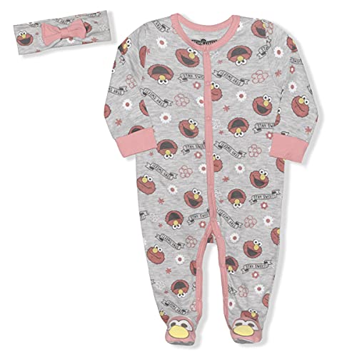 Sesame Street Girls Elmo Long Sleeve Footie Romper and Headband Set for Newborn and Infant – Grey