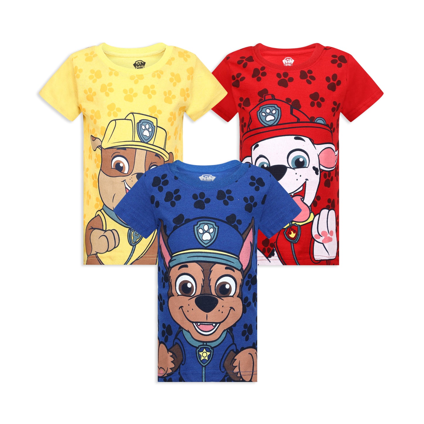 Nickelodeon Paw Patrol Boys 3 Pack Chase, Marshall and Rubble Short Sleeve T-Shirts for Little Kids – Blue/Yellow/Red