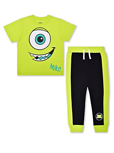 Disney Monsters Inc. Boys’ Mike and Sully T-shirt and Jogger with Drawstring Set for Toddler and Little Kids – Green Blue