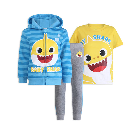 Nickelodeon Baby Shark Zip Up Hoodie, Shirt and Jogger Pant Bundle for Boys