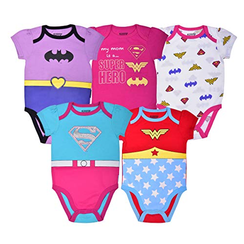 DC Comics Girls’ Short Sleeve Bodysuit 5 Pack for Newborn and Infant – Purple/Pink/White/Blue/Red