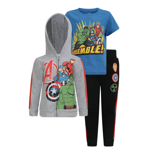 Marvel Avengers Boys 3 Piece Zip Up Hoodie, T-Shirt and Jogger Pants Set for Toddler and Little Kids