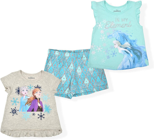 Disney Frozen 3-Piece "In My Element" Playwear Set with Tees and Allover Print Shorts, Beige/Blue