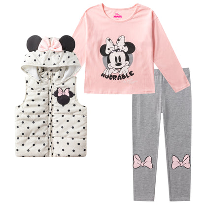 Disney Minnie Mouse Girls' Shirt, Vest and Leggings Set for Toddler and Little Kids - Pink