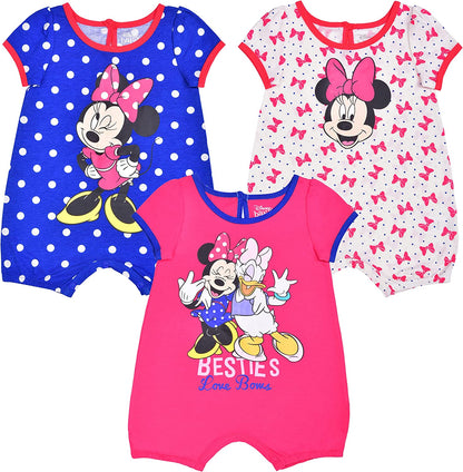 Disney Minnie Mouse Girls’ 3 Pack Rompers for Newborn and Infants – Pink/Blue/White