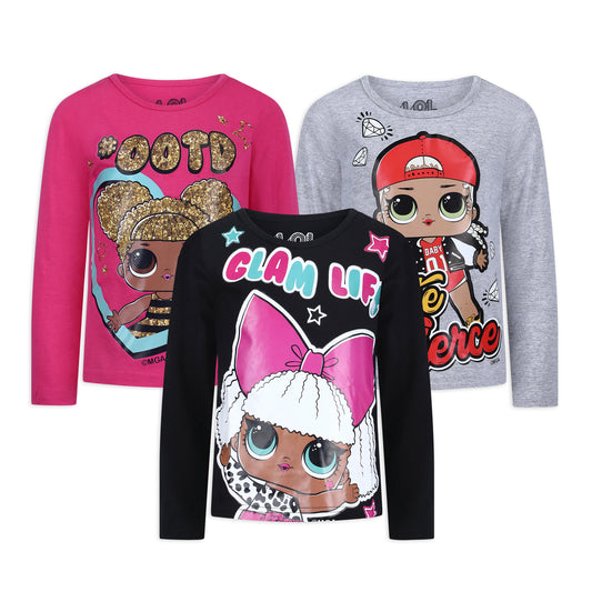 L.O.L. Surprise! Dolls Girls’ Long Sleeve Shirt 3 Pack for Little and Big Girls – Grey/Pink/White