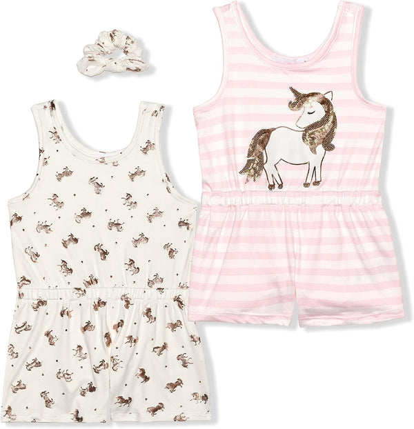 Young Hearts Unicorn Girls? 2 Pack Romper with Scrunchie for Toddler and Little Kids ? Pink/White