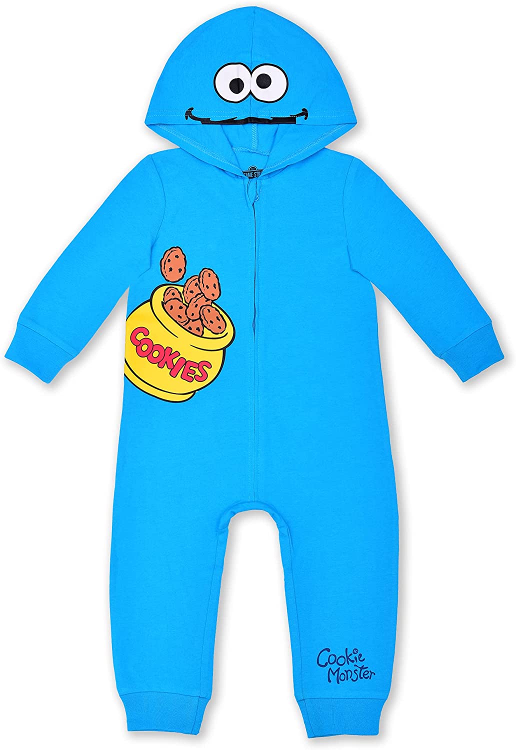 Sesame Street Boys’ Elmo or Cookie Monster Zip Up Long Sleeve Hooded Romper for Newborn, Infant and Toddler Kids