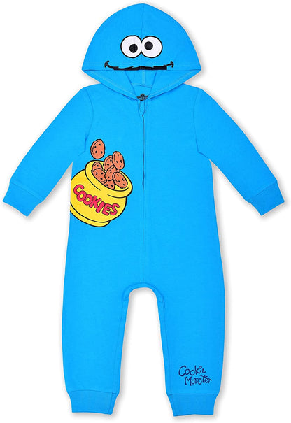 Sesame Street Boys’ Elmo or Cookie Monster Zip Up Long Sleeve Hooded Romper for Newborn, Infant and Toddler Kids