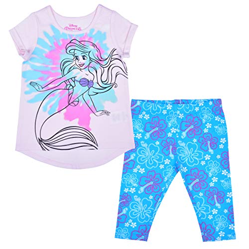 Disney Little Mermaid Ariel Girls’ Short Sleeve Shirt and Legging Pants Set for Toddler and Little Kids – Pink/Blue