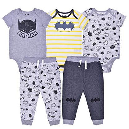 Batman Boys’ Bodysuits and Jogger Pants Set for Newborn and Infant – Yellow/Grey