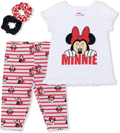 Disney Minnie Mouse Girls’ T-Shirt, Leggings and Scrunchie Set for Toddler and Little Kids – Pink/Grey or Red/White