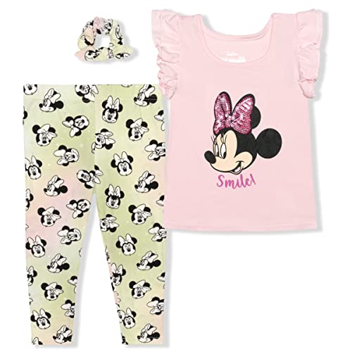 Disney Minnie Mouse Girls’ T-Shirt, Legging and Scrunchie Matching Set for Toddler and Little Kids – Pink/Yellow