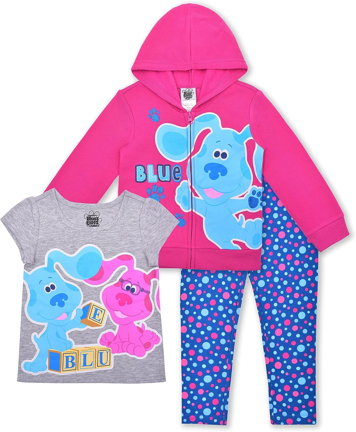 Nickelodeon Blue?s Clues Girls Blue and Magenta T-Shirt, Zip Up Hoodie and Leggings Set for Infant and Toddlers