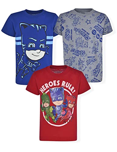 PJ Masks Boys’ Catboy, Owlette and Gekko 3 Pack T-Shirts for Toddler and Little Kids – Blue/Red/Grey