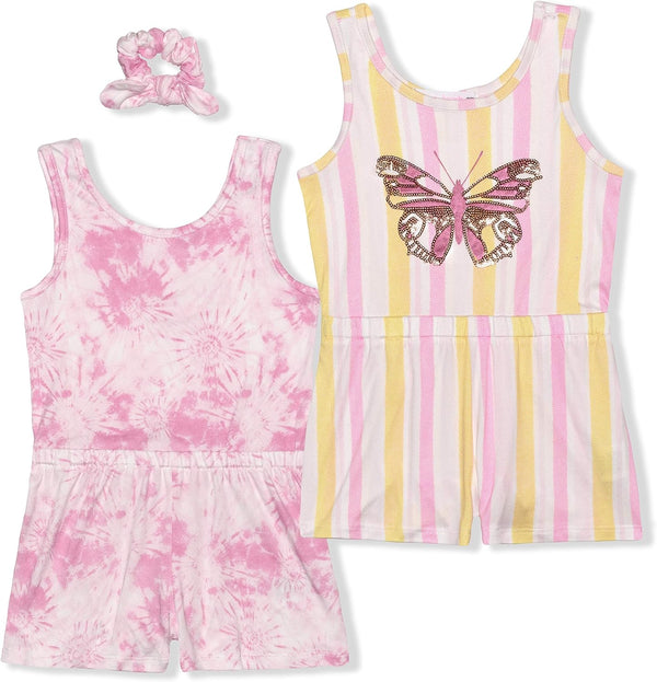 Young Hearts 2 Pack Sleeveless Romper and Scrunchie for Toddler and Little Girls ? Pink/Yellow