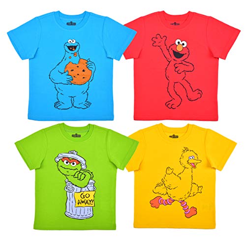 Sesame Street Boys Elmo, Oscar, Cookie Monster and Big Bird 4 Pack Short Sleeve T-Shirt for Infant – Blue/Green/Red/Yellow