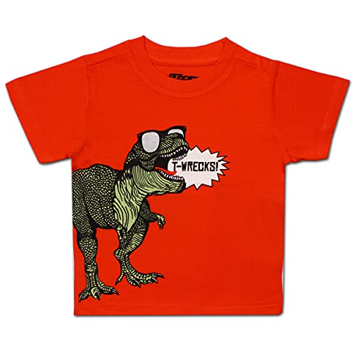 10 Threads Boy's Dinosaur Crewneck Short Sleeve Tee Shirt, T-Rex T Wrecks Print, Orange