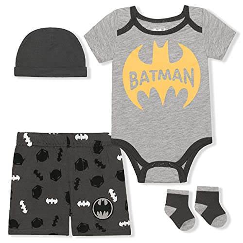 Warner Bros DC Comics Batman Boys’ Bodysuit, Shorts, Cap and Socks Set for Newborn – Grey