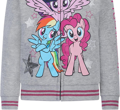 My Little Pony Rainbow Dash, Twilight Sparkle and Pinkie Pie Girls Zip Up Hoodie for Toddlers and Big Kids - Grey