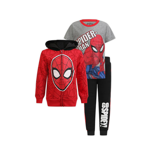 Marvel Spiderman Boys’ Zip-Up Hoodie, T-Shirt and Jogger Set for Toddler and Little Kids – Red/Grey/Black