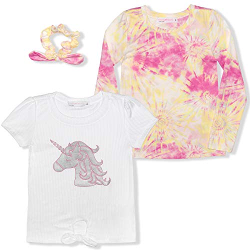 Young Hearts Girls’ 2 Pack T-Shirt with Scrunchie for Toddler and Little Kids – Yellow/White or Grey or Peach