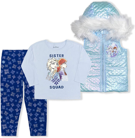 Disney Frozen Elsa and Anna Girls’ Fur Hooded Vest, Long Sleeve Shirt and Legging Set for Toddlers – Blue/Navy