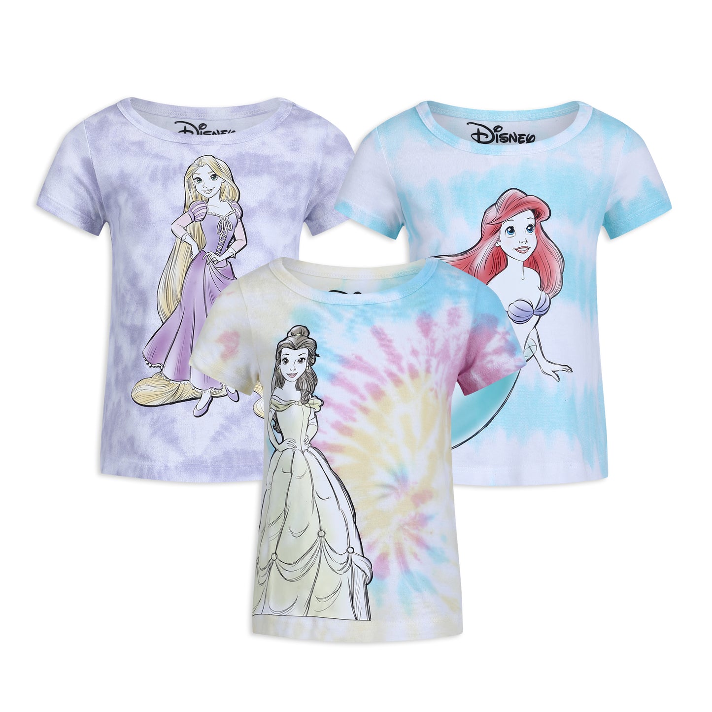 Disney Princess Ariel, Rapunzel and Belle Girls’ T-Shirt 3 Pack for Toddler and Little Kids – Purple/Blue/Pink